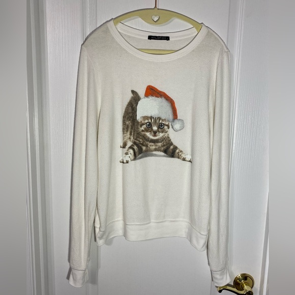 WILDFOX Meowy Christmas Kitten Santa Hat Soft Sweatshirt USA MADE White S - Picture 2 of 6